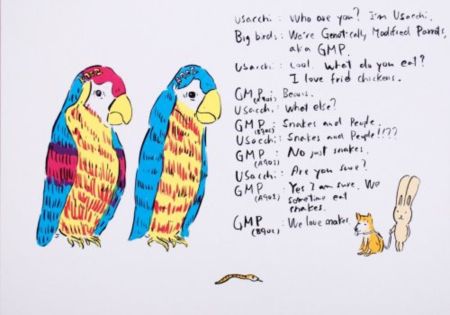 Lithographie Kaga - 2 Genetically modified parrots
