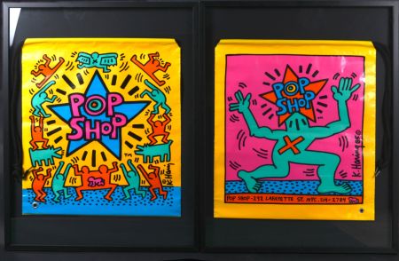 Siebdruck Haring - 2 Pop shop Bag, 1986 - Framed