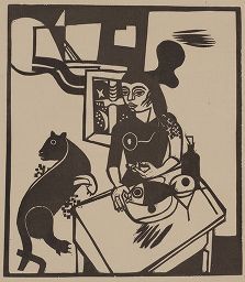 Holzschnitt Campendonk - Am Tisch sitzende Frau mit Katze und Fisch / Woman Sitting at Table with Cat and FIsh