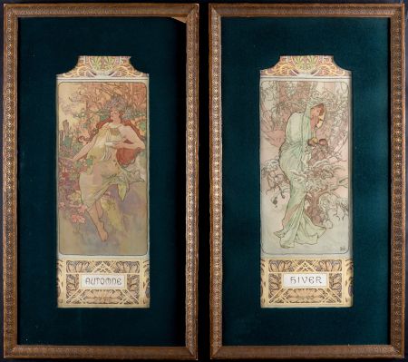 Lithographie Mucha - Automne & Hiver, 1896 - Set of 2 original decorative lithograph panels - Framed !