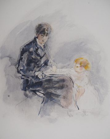 Lithographie Morisot - Autoportrait avec sa fille