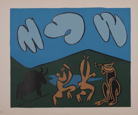 Linolschnitt Picasso (After) - Bacchanale au taureau noir, 1962