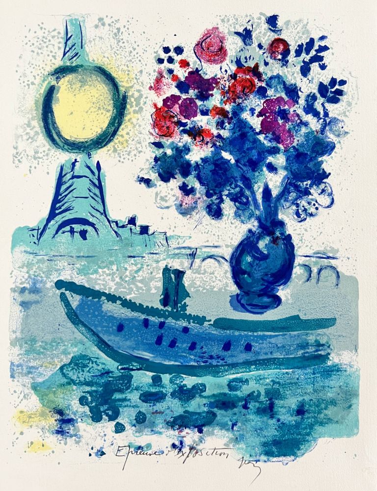 Lithographie Chagall - Bateau-Mouche au Bouquet - La Seine