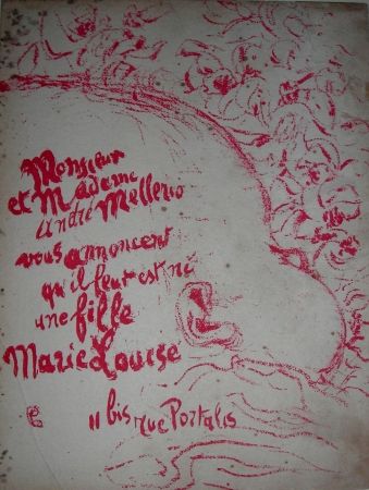 Lithographie Bonnard -  Billet de naissance de Marie Louise Mellerio