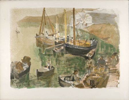 Lithographie Clairin - Boats in Harbor, c. 1955 - Hand-signed!