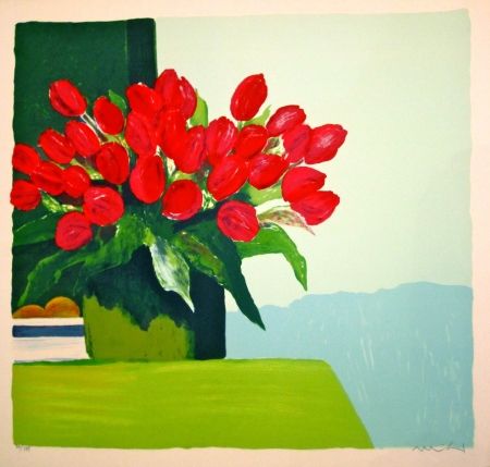 Lithographie Muhl - Bouquet de tulipes rouges
