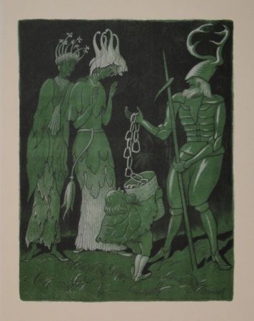 Lithographie Kreidolf - Brautwerbung. Käfer-Ritter, von einem Zwerg begleitet, wirbt mit einer Kette um das Akelei- und Rapunzel-Fräulein. 