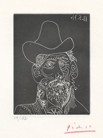 Aquatinta Picasso -  Buste d'homme barbu au chapeau 