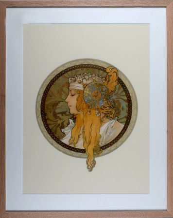 Lithographie Mucha - Byzantine Heads: Blond. 1900 - Framed!