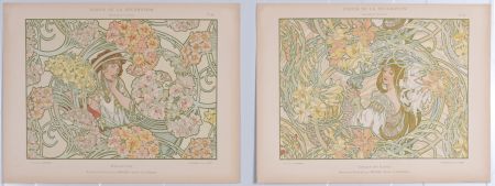Lithographie Mucha - Byzantine & Langage des Fleurs, c. 1900 - RARE set of 2 original lithographs