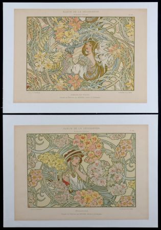 Lithographie Mucha - Byzantine & Langage des Fleurs, c. 1900 - Rare set of 2 original lithographs!
