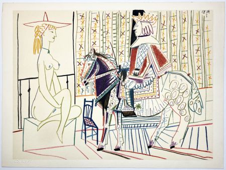 Lithographie Picasso - Cavalier costumé et modèle 2 (La Comédie Humaine - Verve 29-30. 1954).