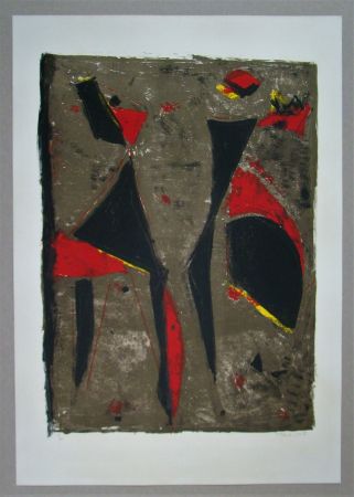 Lithographie Marini - Cavalier noir et rouge sur fond brun