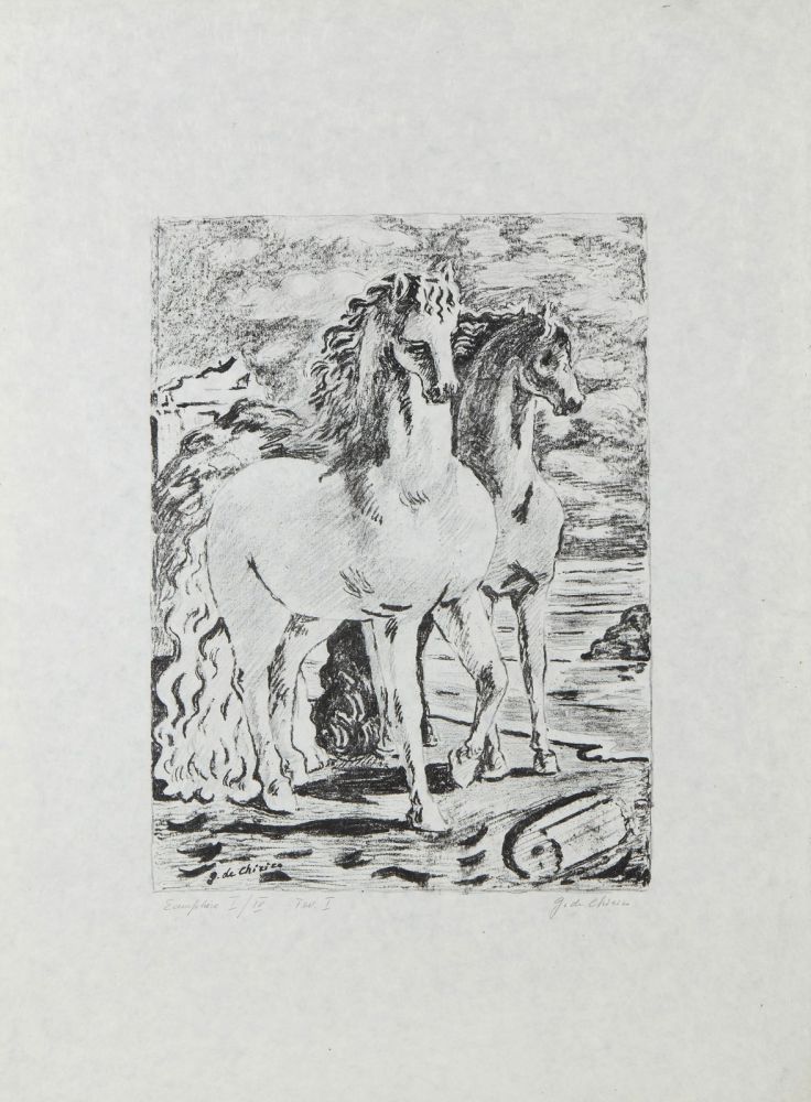 Lithographie De Chirico - Cavalli Antichi