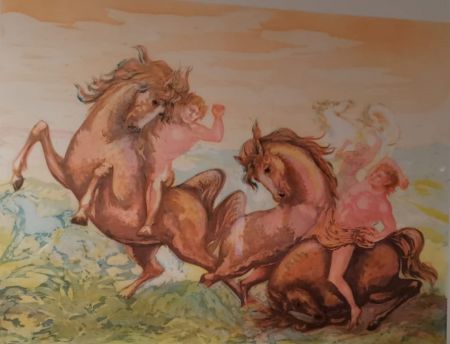 Lithographie Sassu - Cavalli e cavalieri