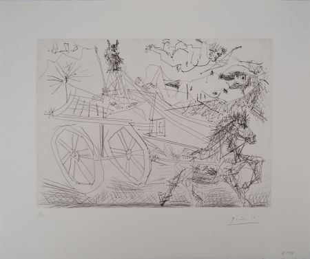 Stich Picasso - Charrette foraine conduite par un petit animal, avec nu et amour dans le ciel
