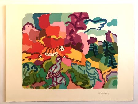 Lithographie Lapicque - Chasse au tigre