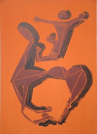 Lithographie Marini - Cheval et cavalier sur fond orange