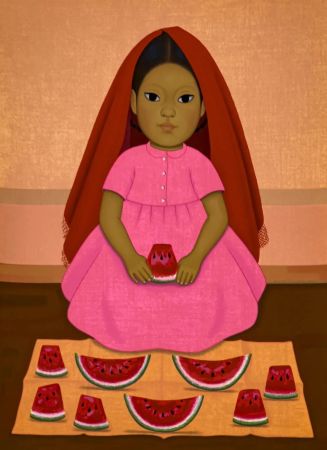 Holzschnitt Montoya - Chica con sandia