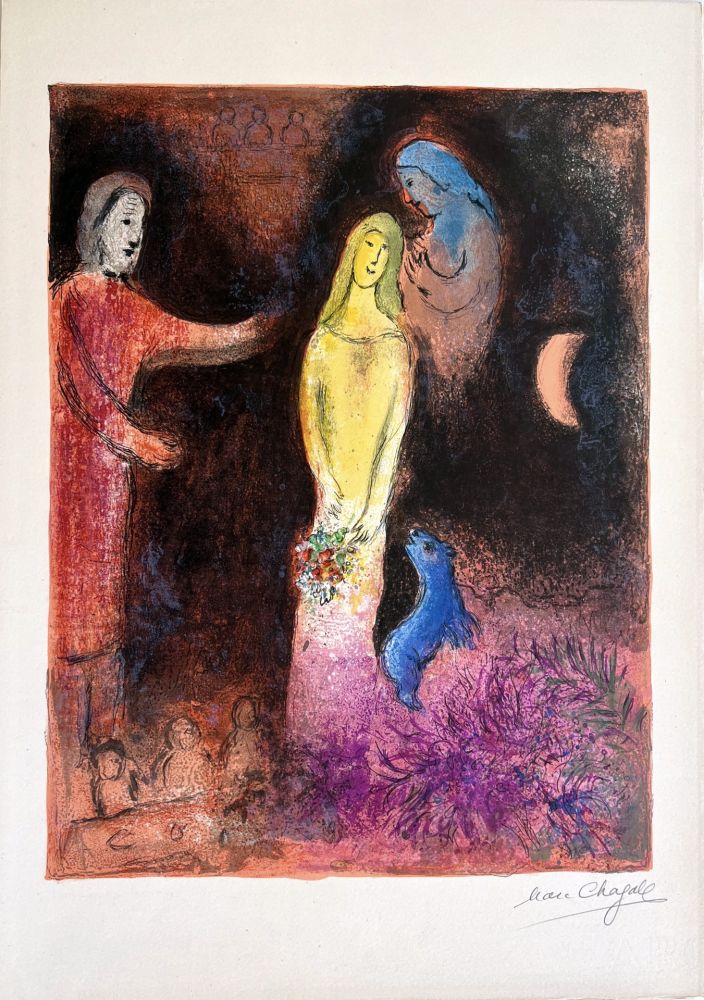 Lithographie Chagall - CHLOÉ VÊTUE ET COIFFÉE PAR CLÉARISTE (Daphnis & CHLOÉ - 1961)