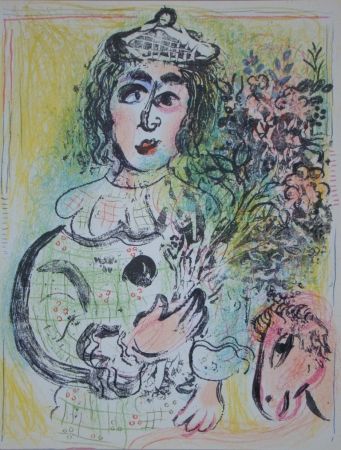 Lithographie Chagall - Clown avec des fleurs