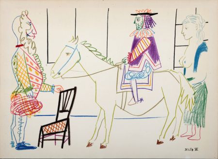 Lithographie Picasso - Clown, Knight & Woman, 1954