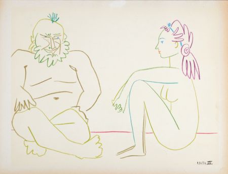 Lithographie Picasso - Clown & nude woman, 1954