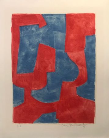 Lithographie Poliakoff - Composition bleue et rouge L57 