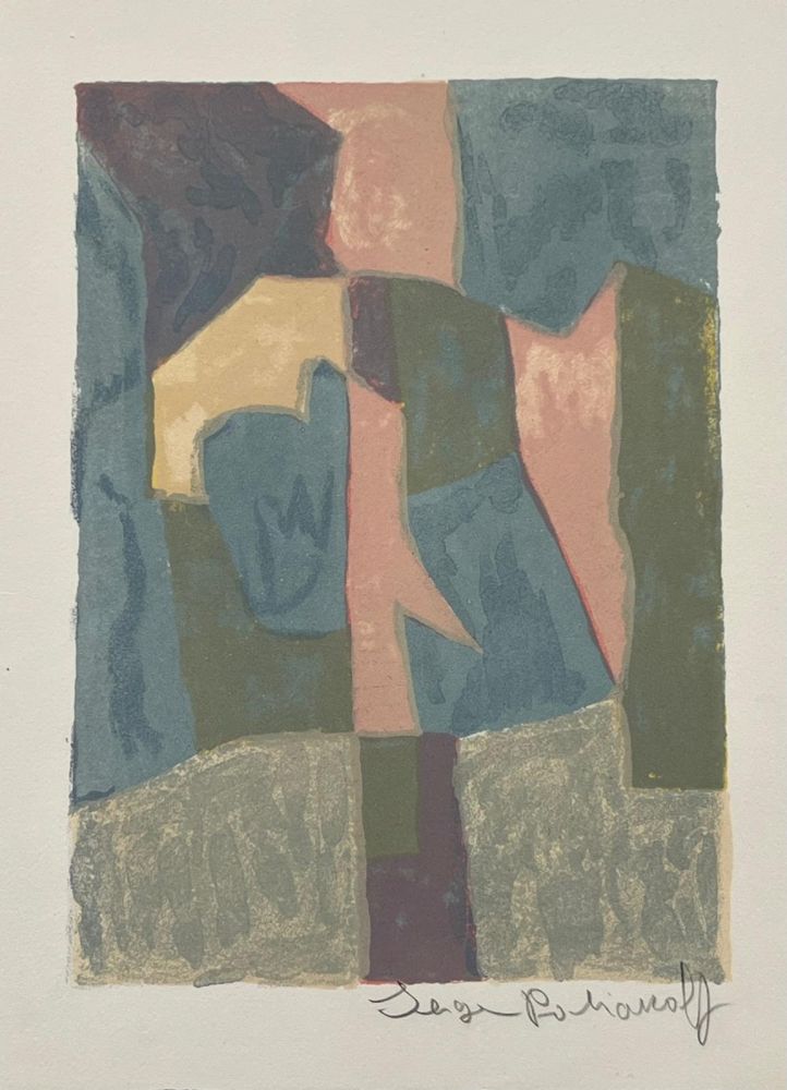 Lithographie Poliakoff - Composition bleue, rose et grise L30 
