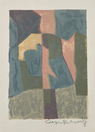 Lithographie Poliakoff - Composition bleue, rose et grise L30 