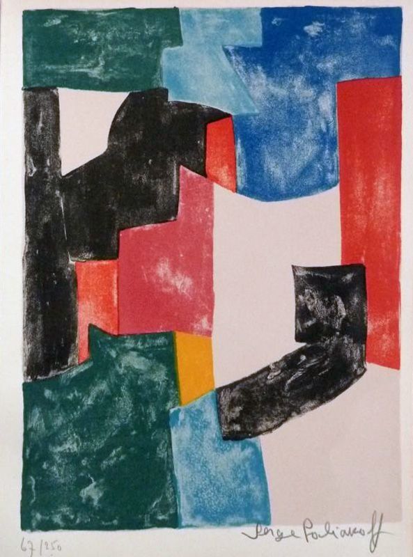 Lithographie Poliakoff - Composition noir, bleu et rouge 