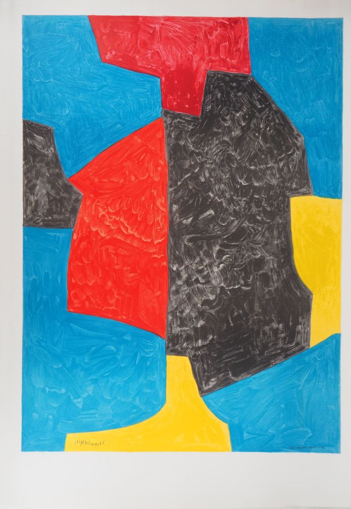 Lithographie Poliakoff - Composition rouge, bleu et noir