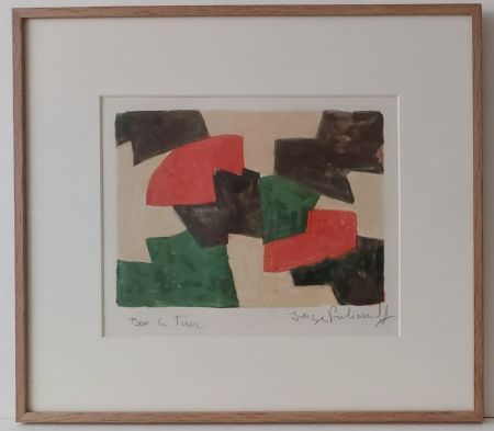 Lithographie Poliakoff - Composition verte, beige, rouge et brune L45 