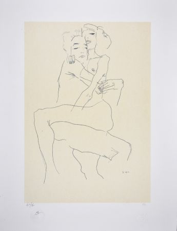 Lithographie Schiele - Couple enlacé / couple embracing - 1911