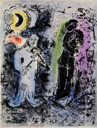 Lithographie Chagall - Couple noir au musicien