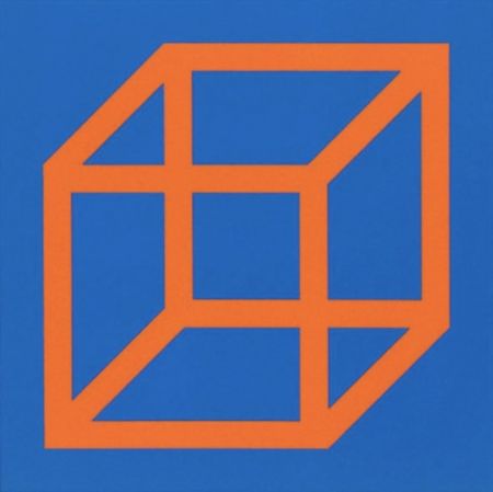 Linolschnitt Lewitt - Cubes in Color on Color (Blue/Orange)