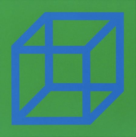Linolschnitt Lewitt - Cubes in Color on Color (Green/Blue)