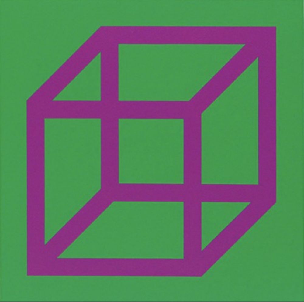 Linolschnitt Lewitt - Cubes in Color on Color (Green/Purple)