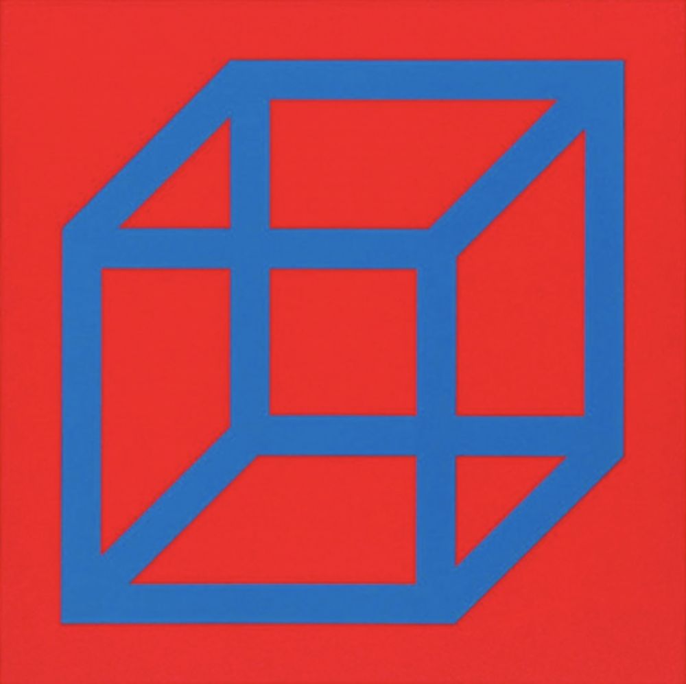 Linolschnitt Lewitt - Cubes in Color on Color (Red/Blue)