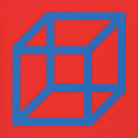 Linolschnitt Lewitt - Cubes in Color on Color (Red/Blue)