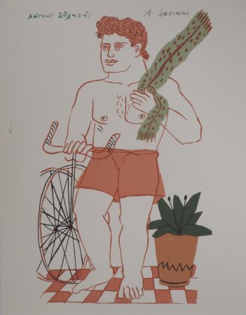 Lithographie Fassianos - Cycliste à l'écharpe verte