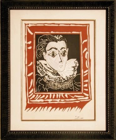 Lithographie Picasso -  Dame à la collerette (Lady with the collar),  Jacqueline - Original Linocut on Arches paper, 1963
