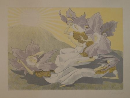 Lithographie Kreidolf - Der Blumen Erwachen. Vier liegende Clematis-Mädchen erwachen bei der aufgehenden Sonne. 