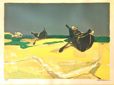 Lithographie Defossez - Deserted Boats - Beautiful Vintage Lithograph