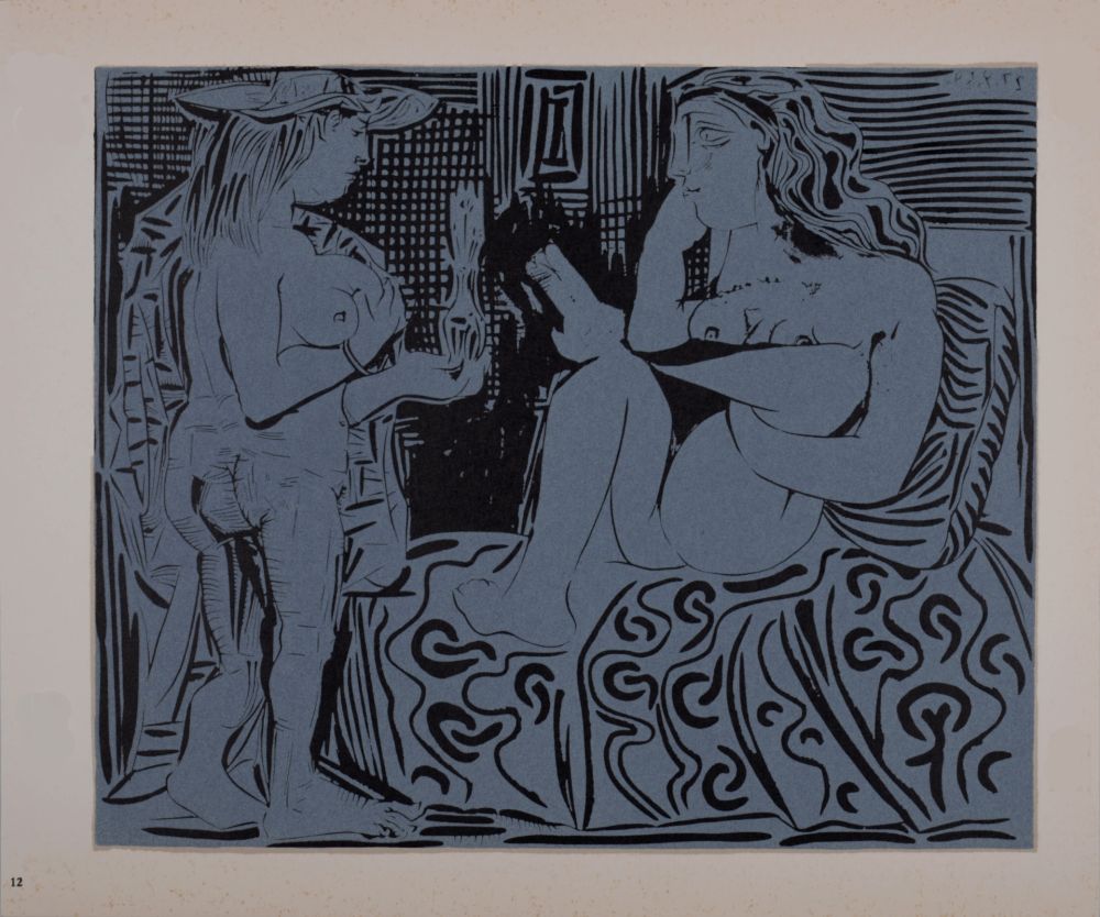 Linolschnitt Picasso (After) - Deux femmes avec un vase à fleurs, 1962