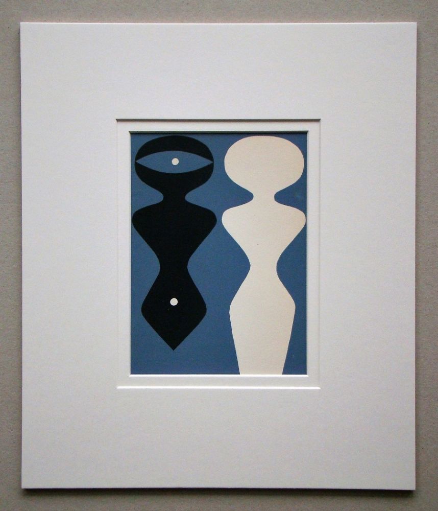 Holzschnitt Arp - Deux figures sur fond bleu