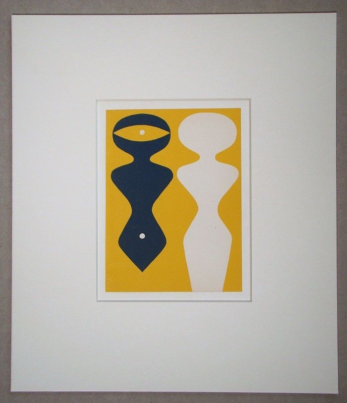 Holzschnitt Arp - Deux figures sur fond jaune