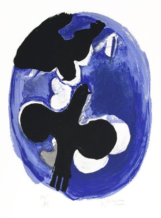 Lithographie Braque - Deux oiseaux sur fond bleu (Two birds on a blue background)