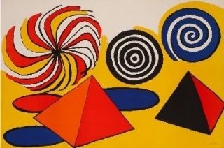 Lithographie Calder - Deux pyramides trois arcs de cercle