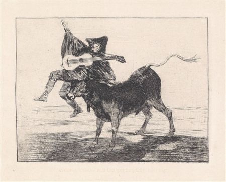 Radierung Und Aquatinta Goya - Dios se lo pague a usted (Aveugle enlevé sur les cornes d'un taureau)